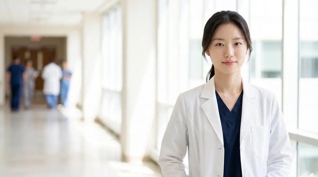 미국 대학병원 복도에 선 흰 가운의 젊은 한국인 의사 (히어로의 학생이 의사가 된 모습)