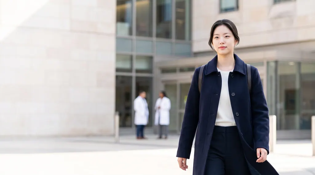 미국 의과대학 건물 앞으로 걸어 들어오는 네이비 코트 차림의 한국인 Pre-med 학생